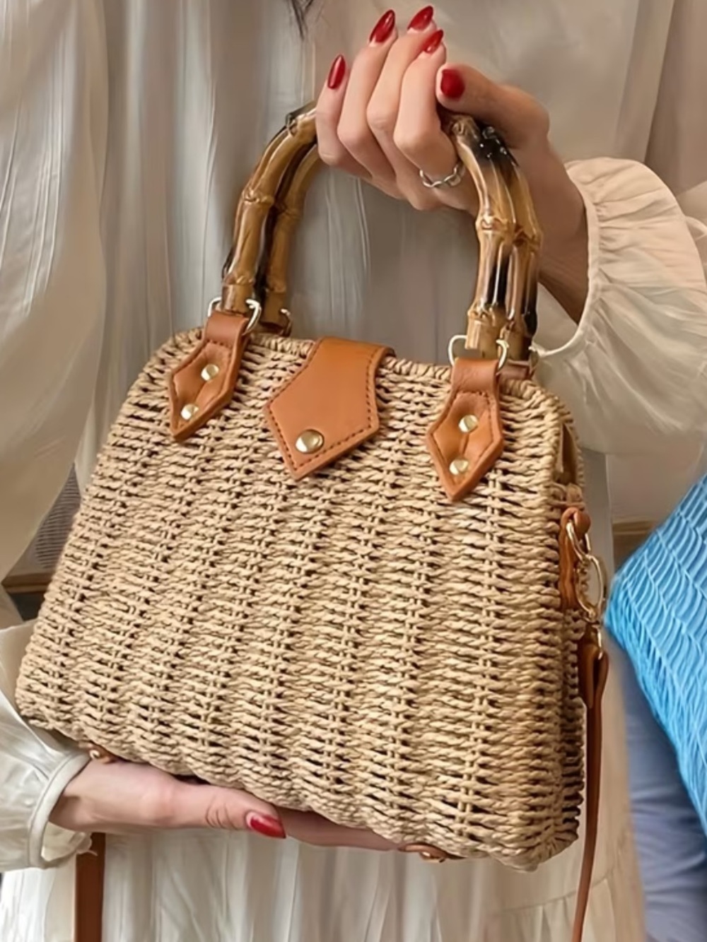 Woven Straw Shoulder Bag with Bamboo Top Handle - Brown - Picture 2 of 4